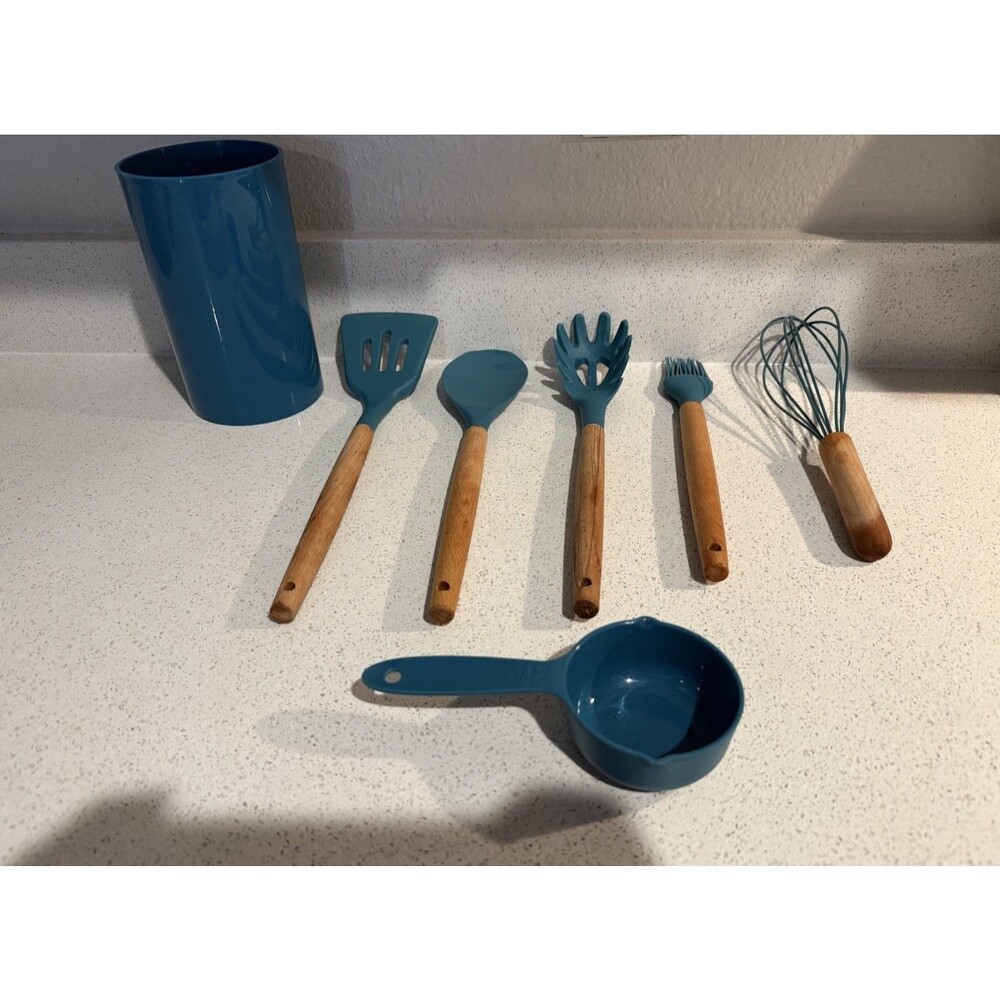 6 Silicone Cooking Utensils w/ Wooden Handles + 2 Pcs As Gift